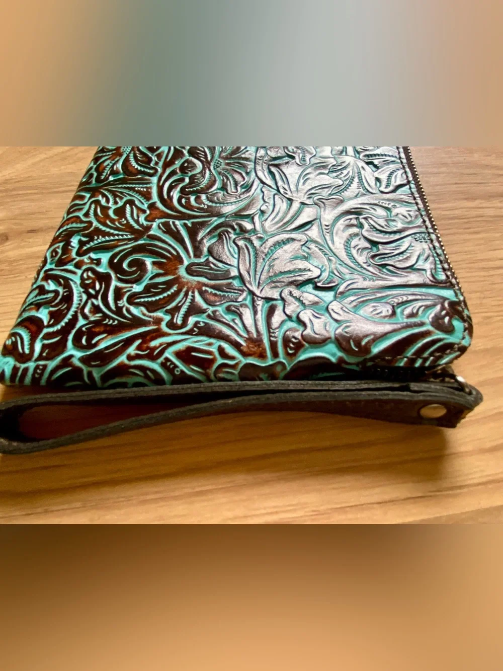 Turquoise and Brown Tooled Floral Leather Clutch